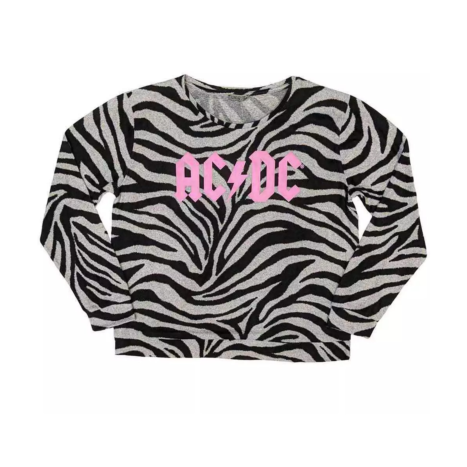 Black-White - Side - AC-DC Womens-Ladies Zebra Print Logo Long Pyjama Set
