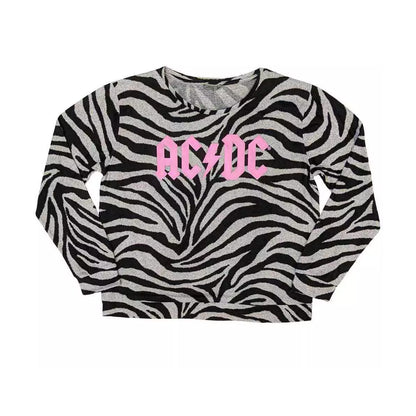 Black-White - Side - AC-DC Womens-Ladies Zebra Print Logo Long Pyjama Set