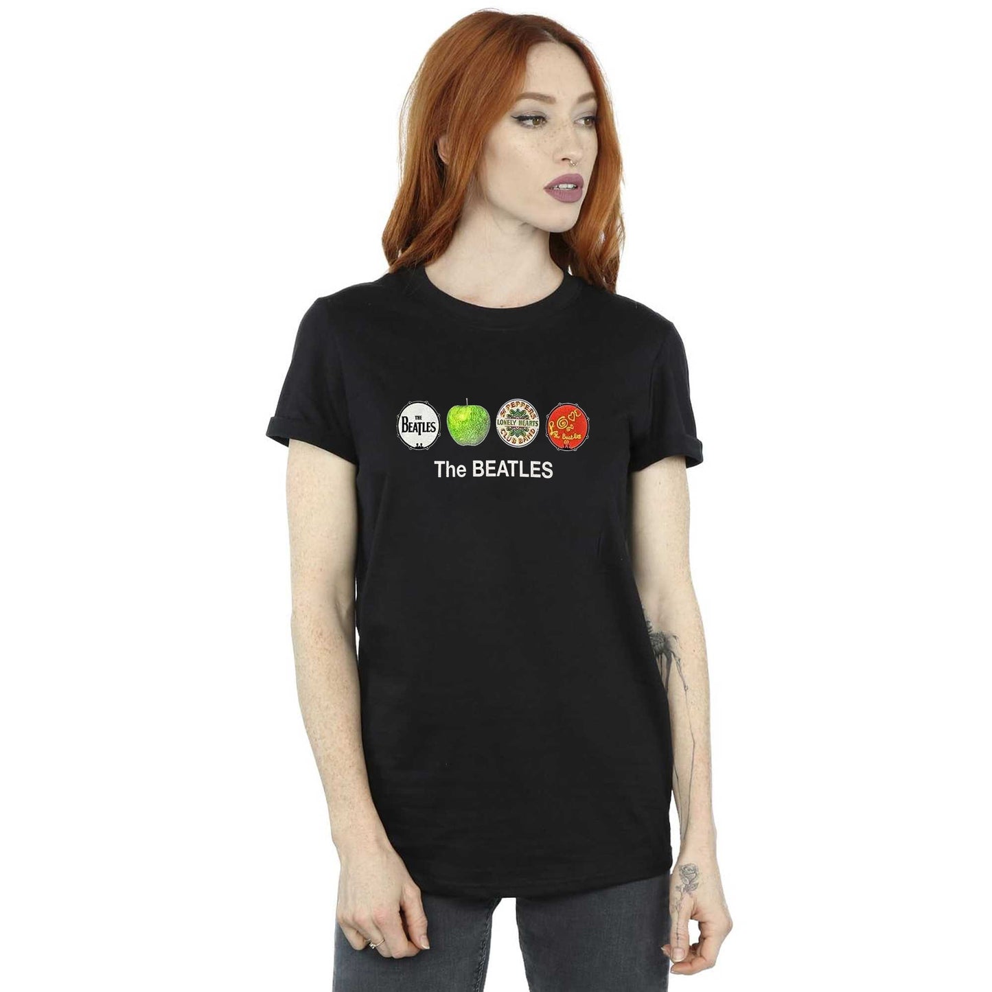 Black - Side - The Beatles Unisex Adult Apple And Drums Cotton T-Shirt