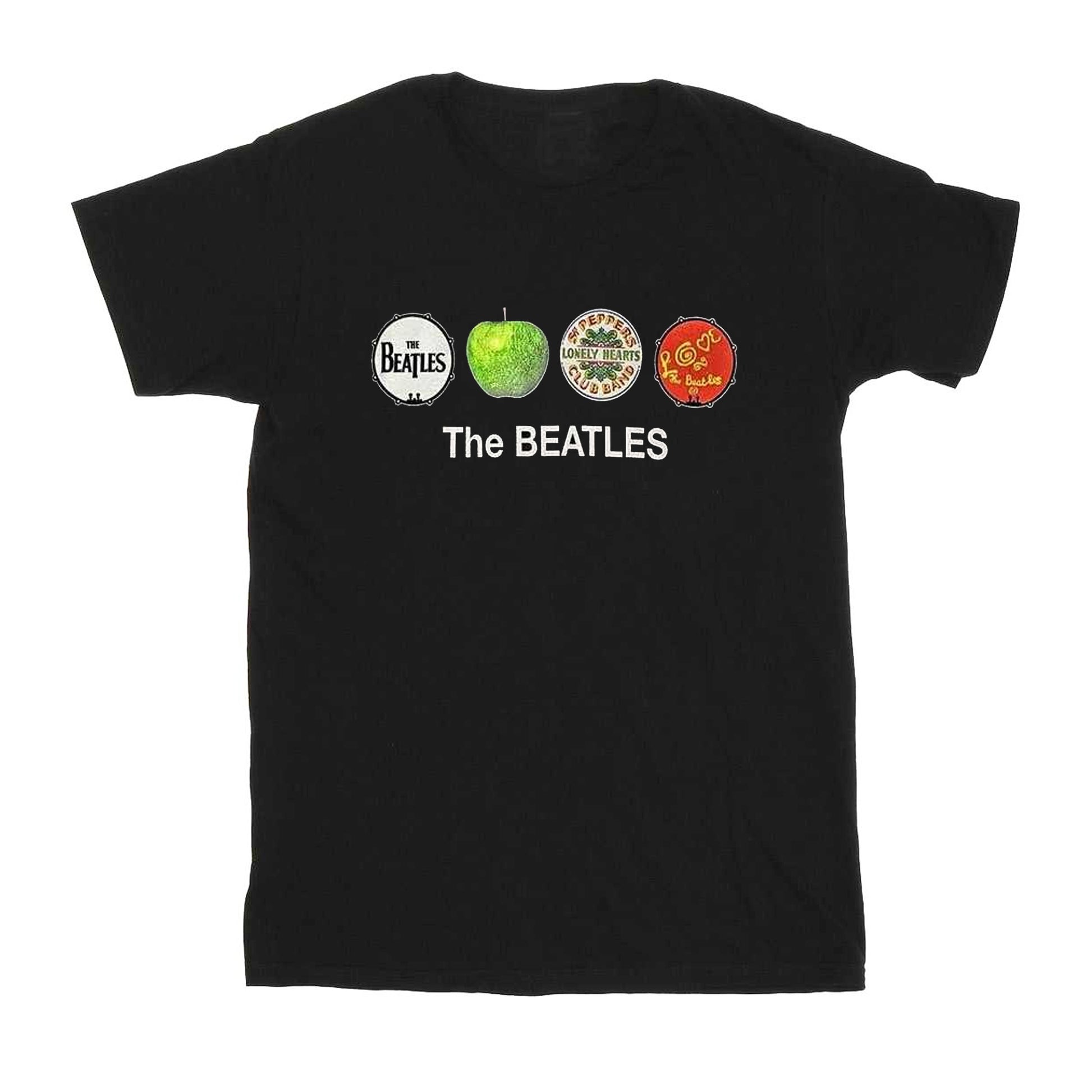 Black - Front - The Beatles Unisex Adult Apple And Drums Cotton T-Shirt
