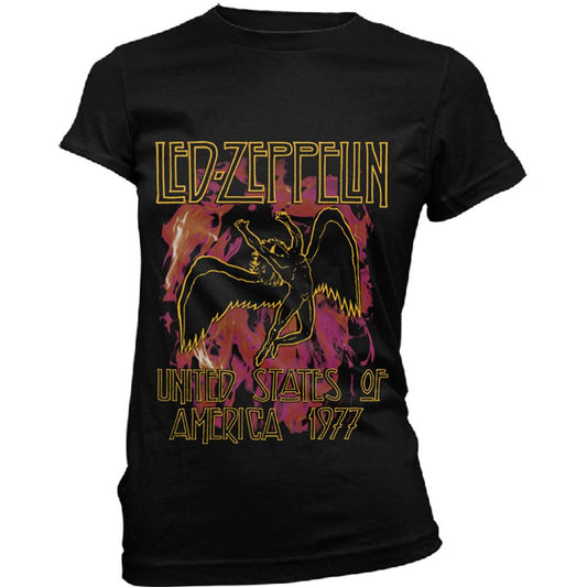 Black - Front - Led Zeppelin Womens-Ladies Flames T-Shirt