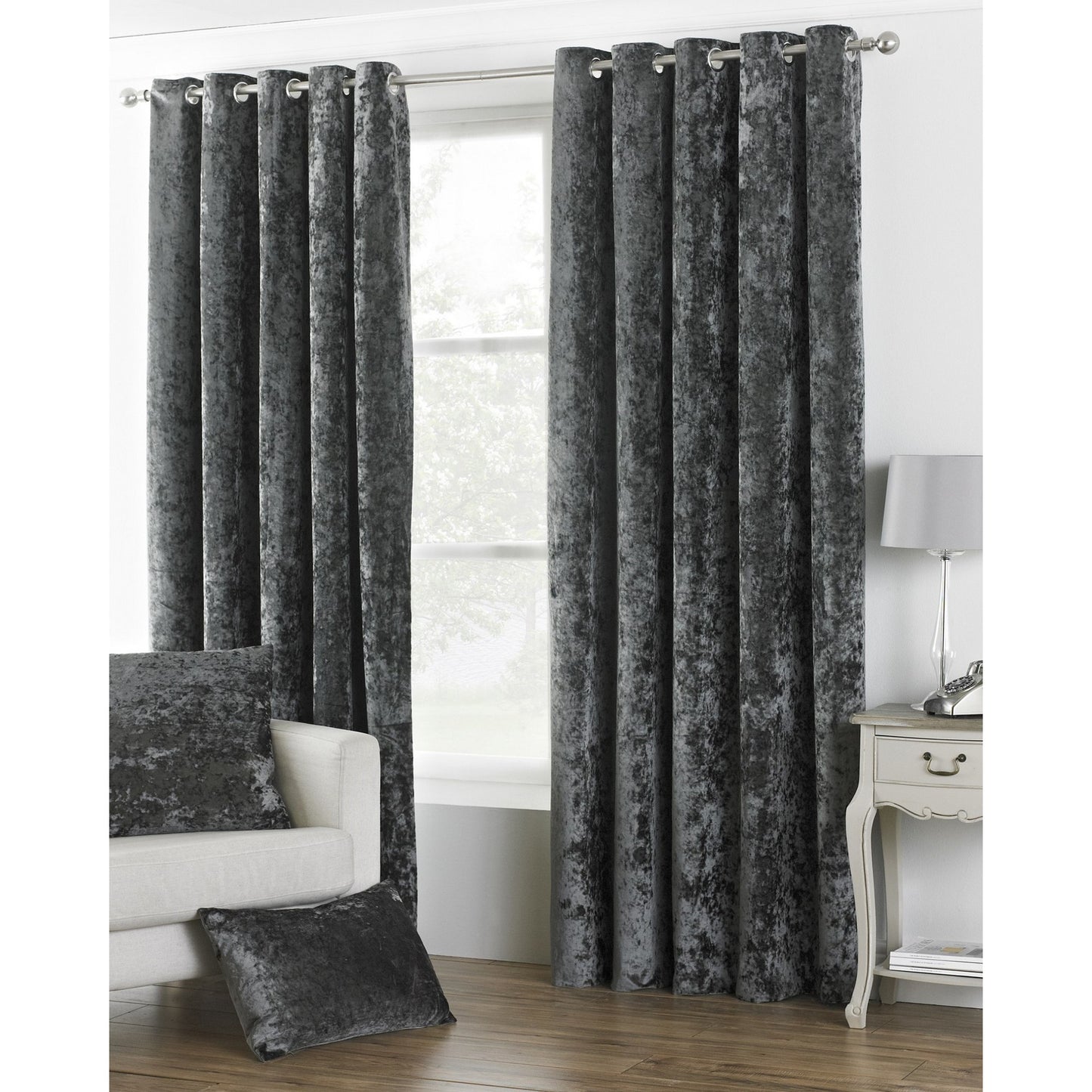 Pewter - Front - Riva Home Verona Velvet Style Eyelet Curtains