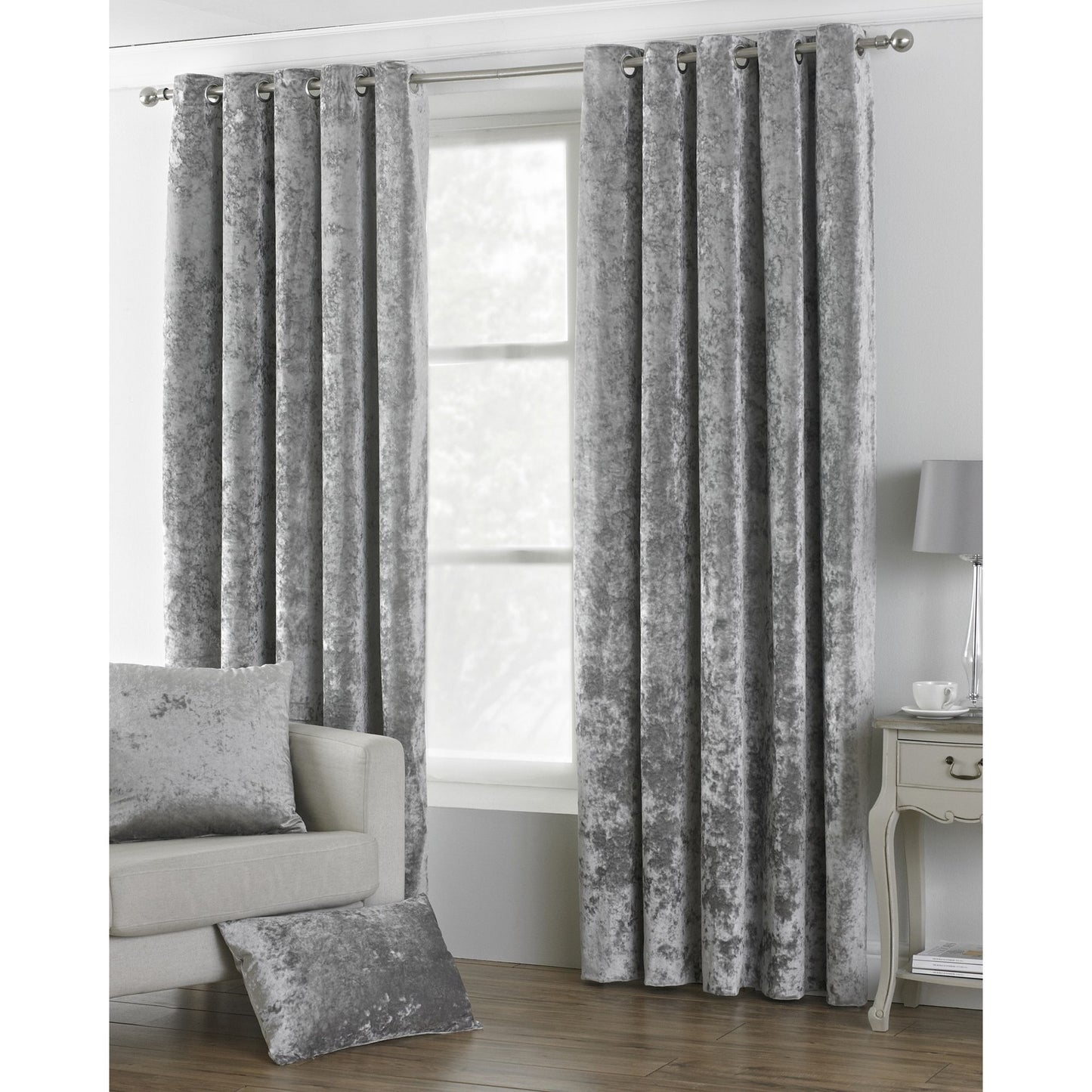 Silver - Front - Riva Home Verona Velvet Style Eyelet Curtains