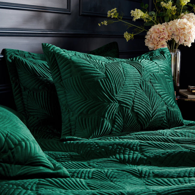 Emerald Green - Side - Paoletti Palmeria Velvet Quilted Duvet Cover Set