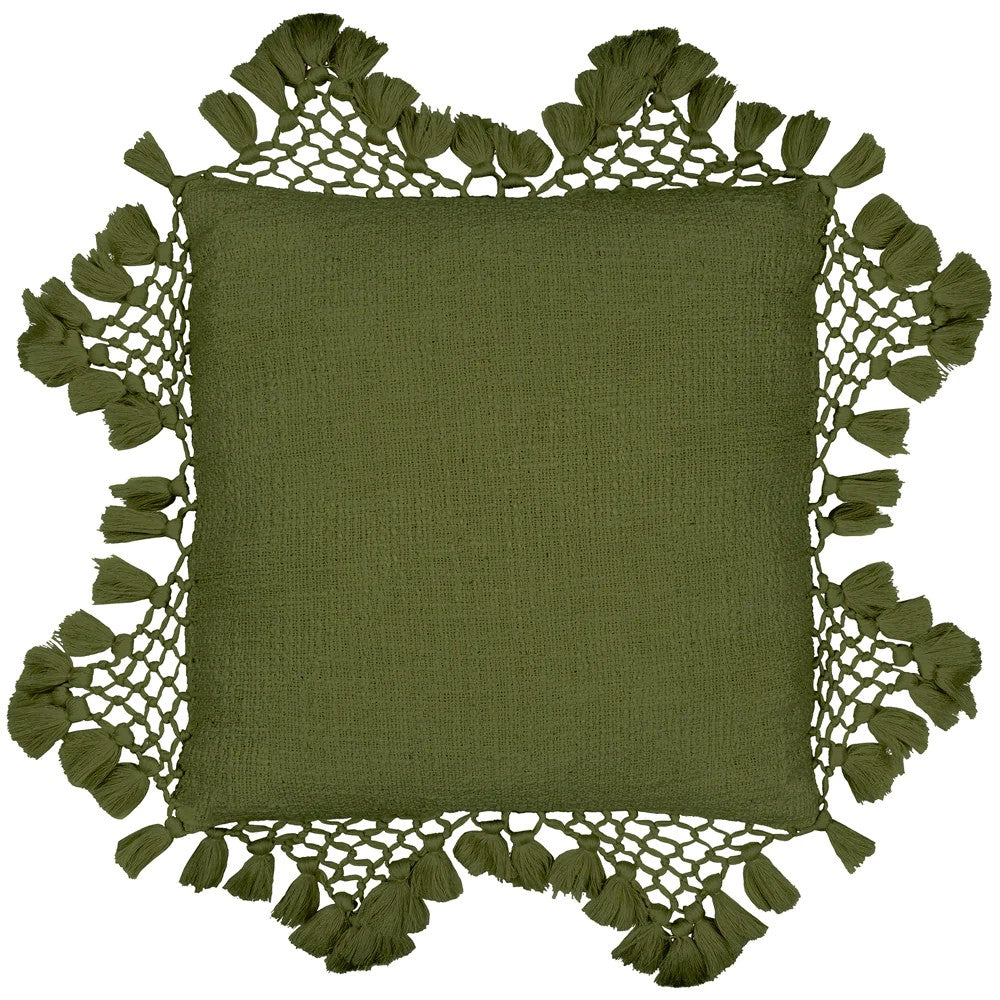 Khaki - Front - Yard Anko Tassel Macramé Cushion Cover