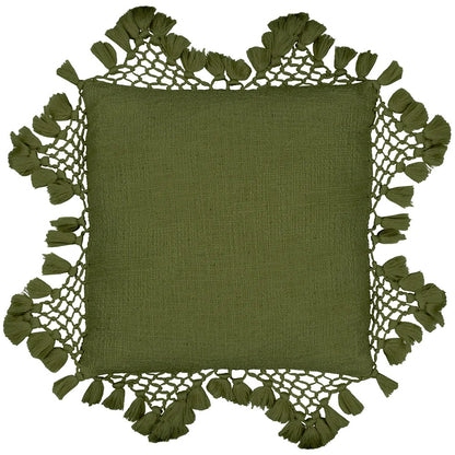Khaki - Front - Yard Anko Tassel Macramé Cushion Cover