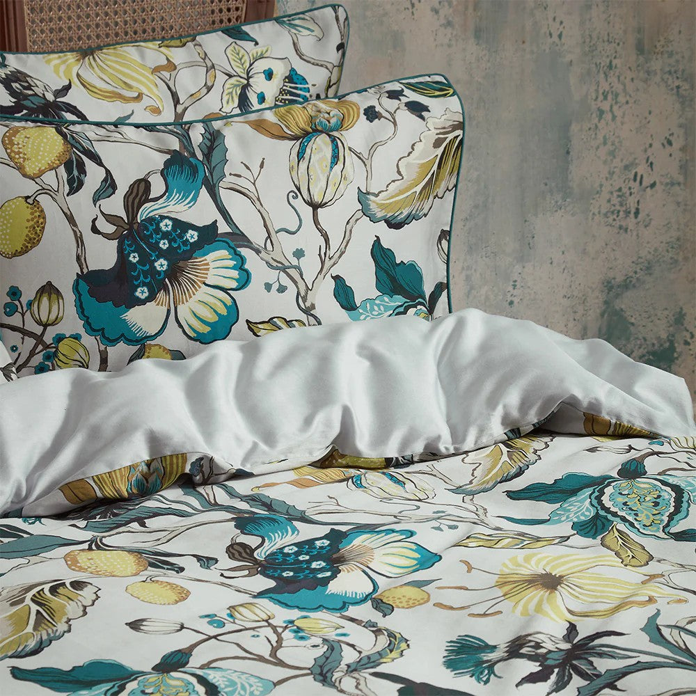 Teal - Side - EW By Edinburgh Weavers Morton Contrast Piping Sateen Floral Duvet Cover Set