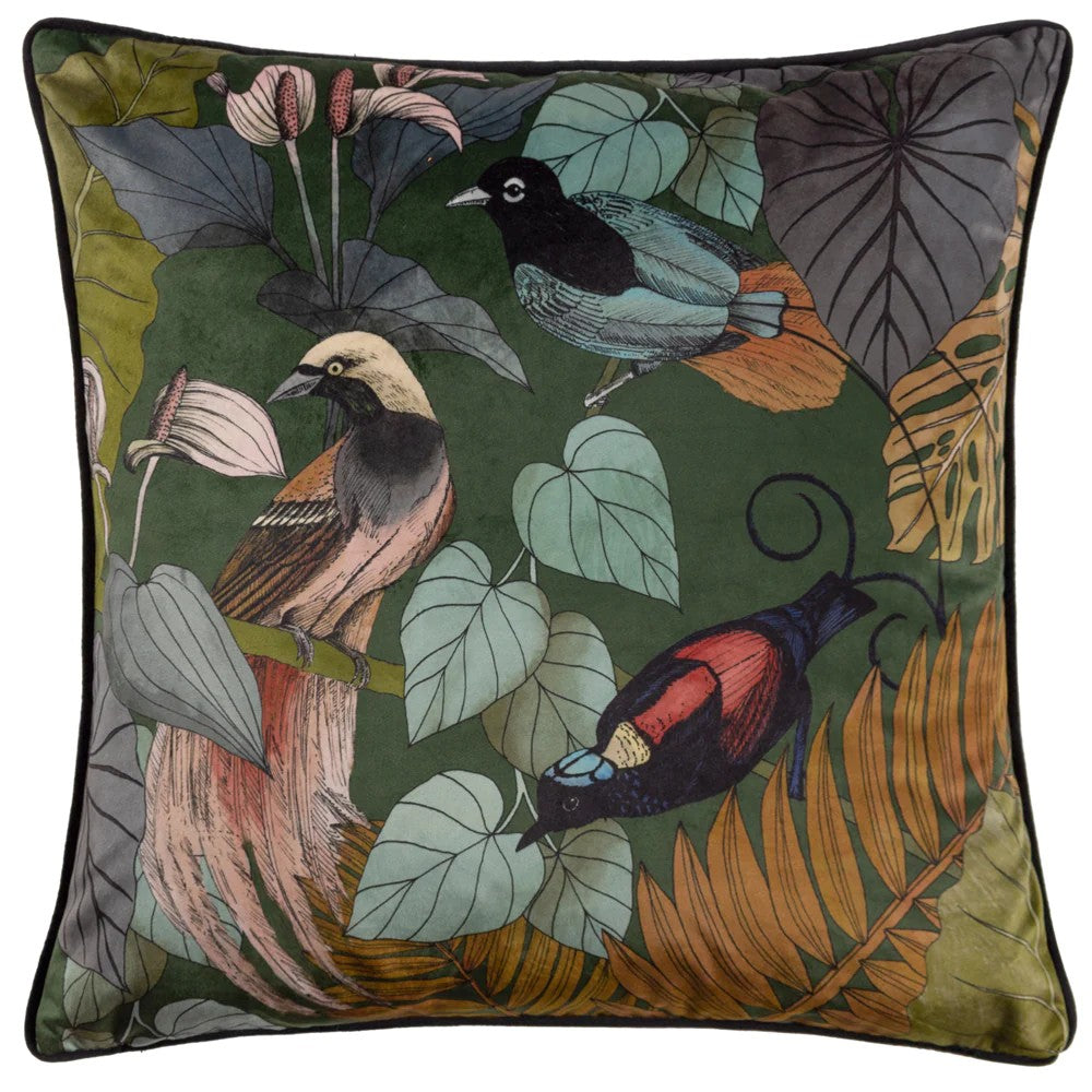 Emerald - Front - Wylder Moriyo Contrast Piping Velvet Tropical Cushion Cover