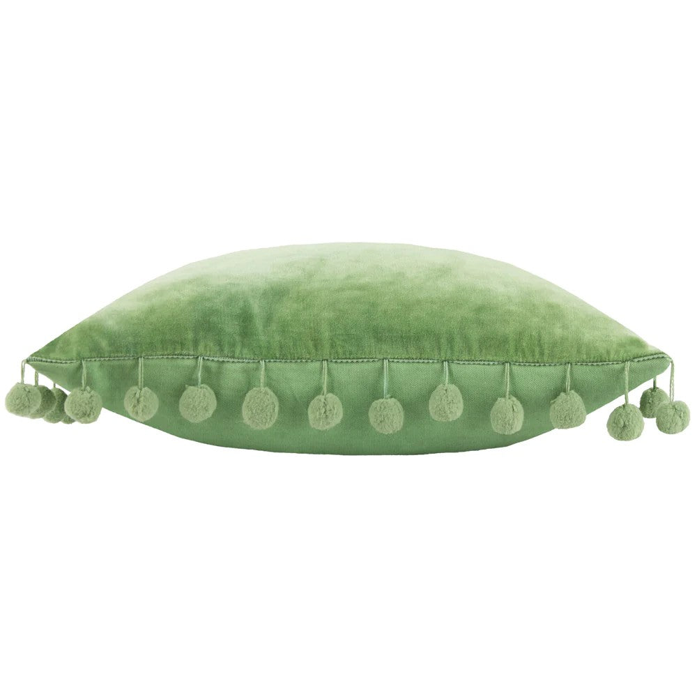 Leaf Green - Side - Furn Dora Pom Pom Velvet Square Cushion Cover