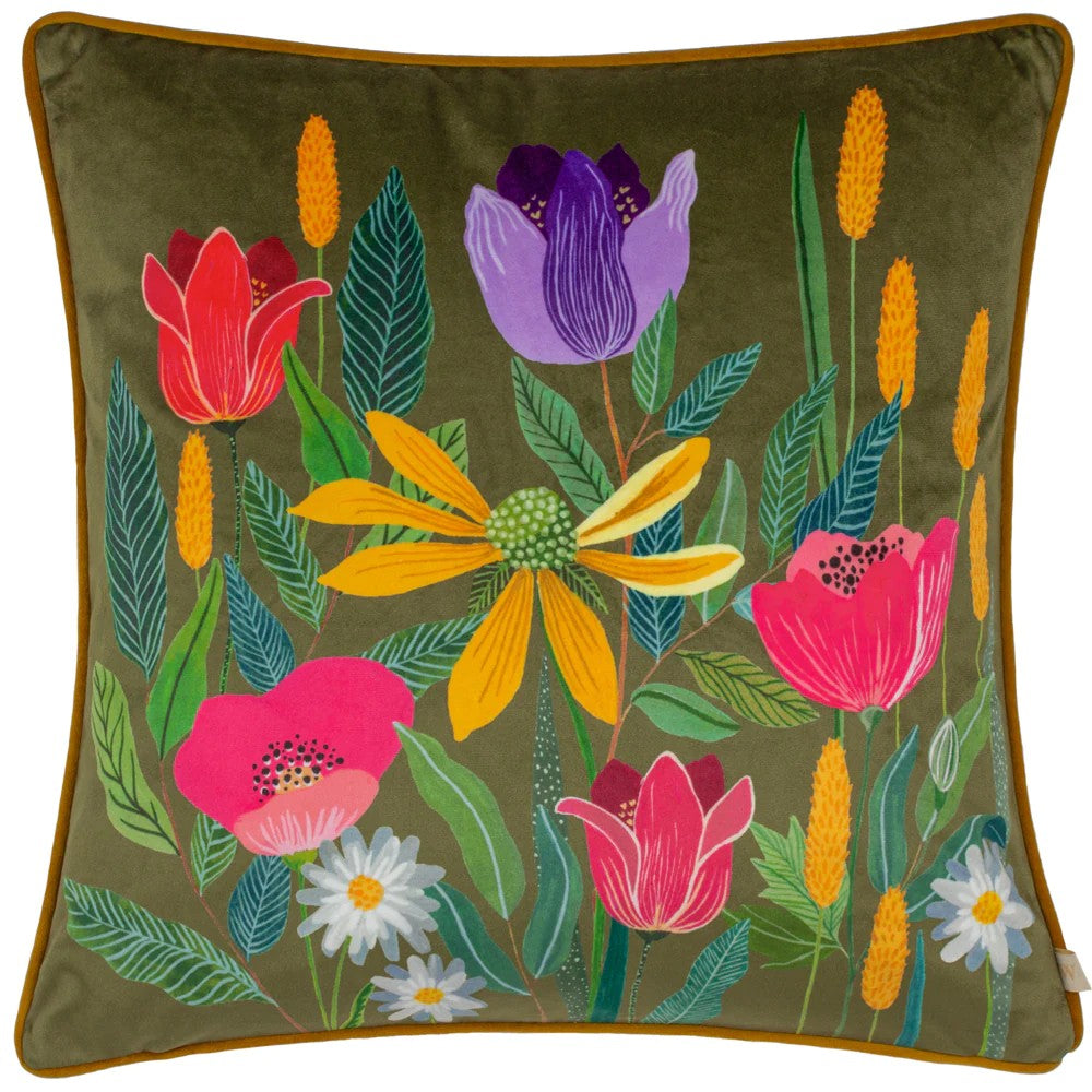 Olive - Front - Wylder House Of Bloom Celandine Piped Cushion Cover