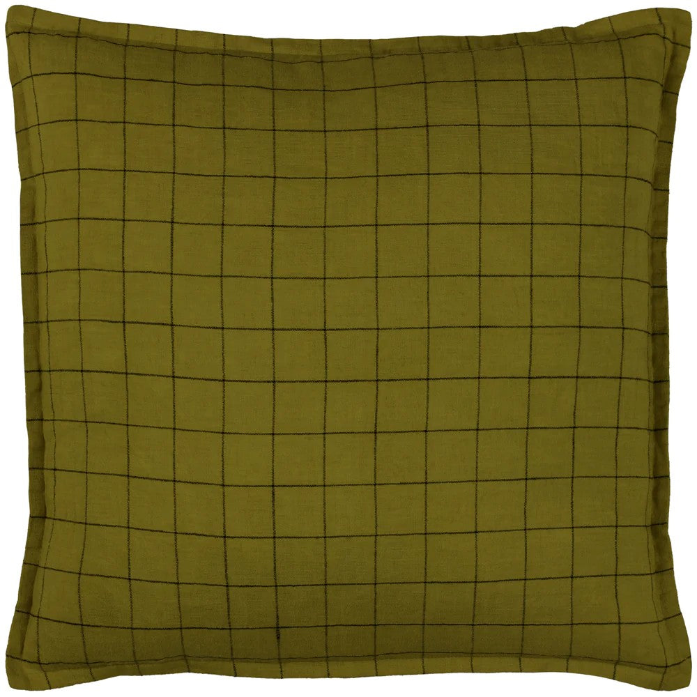 Olive - Front - Yard Oxford Trim Linen Grid Cushion Cover