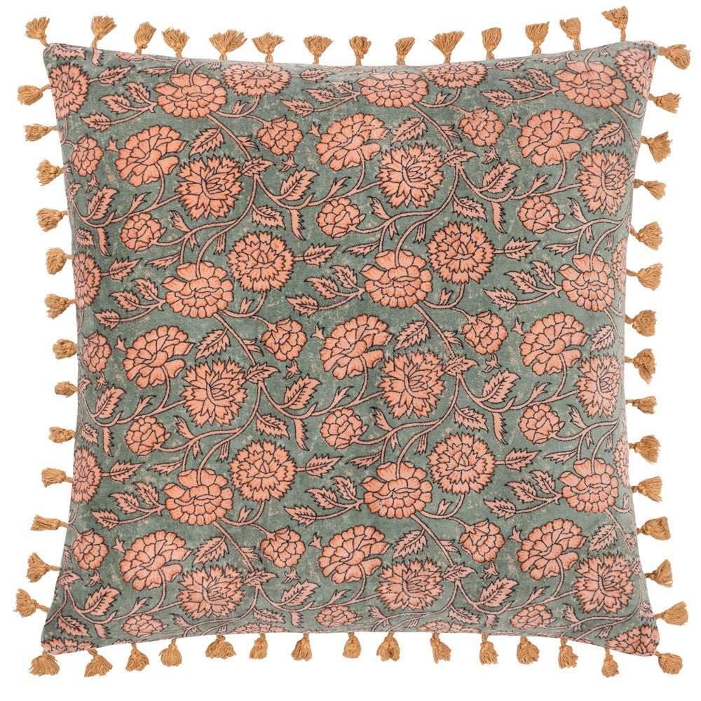Petrol - Front - Paoletti Marisa Cotton Velvet Floral Cushion Cover