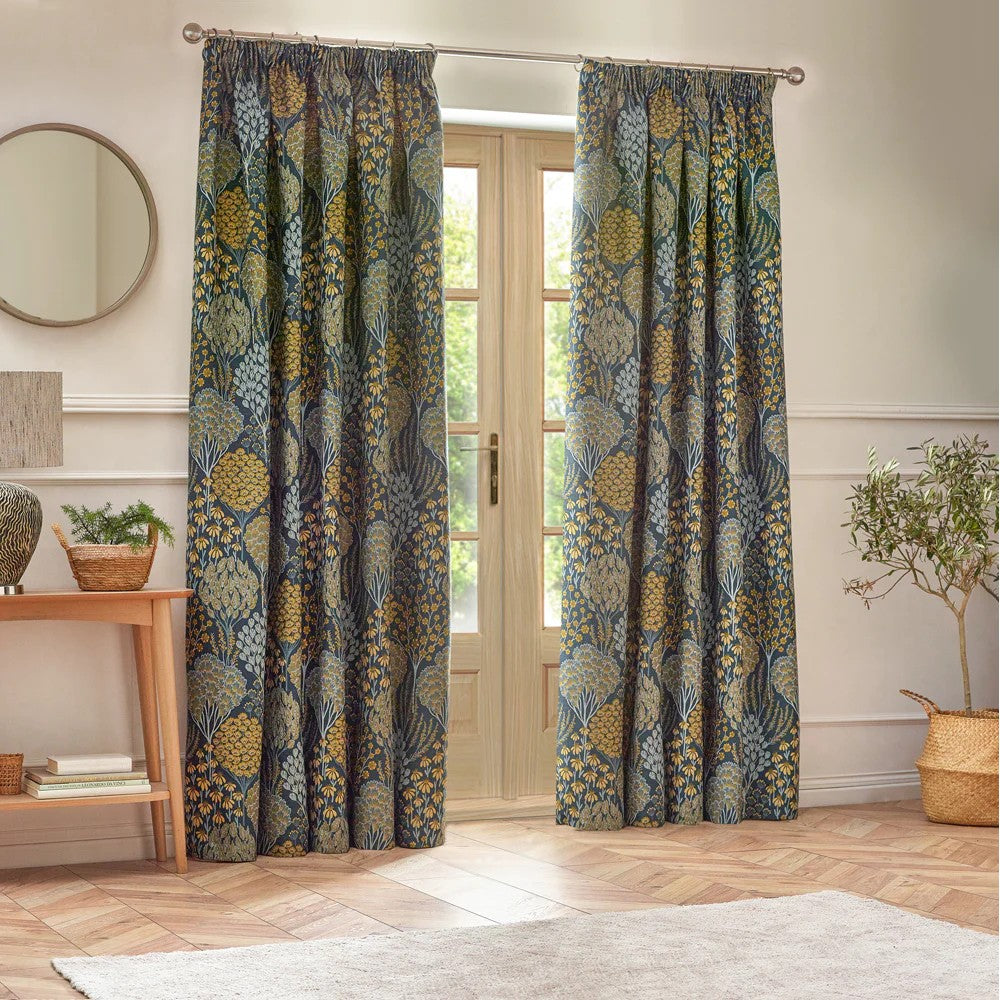 Blue-Saffron - Front - Wylder Ophelia Jacquard Floral Pencil Pleat Curtains