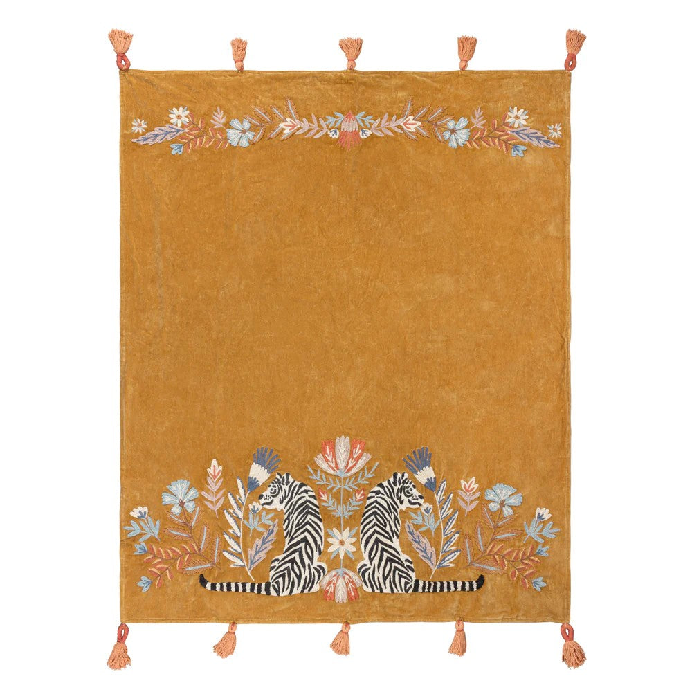 Gold - Front - Wylder Tropics Tassel White Tiger Embroidered Throw