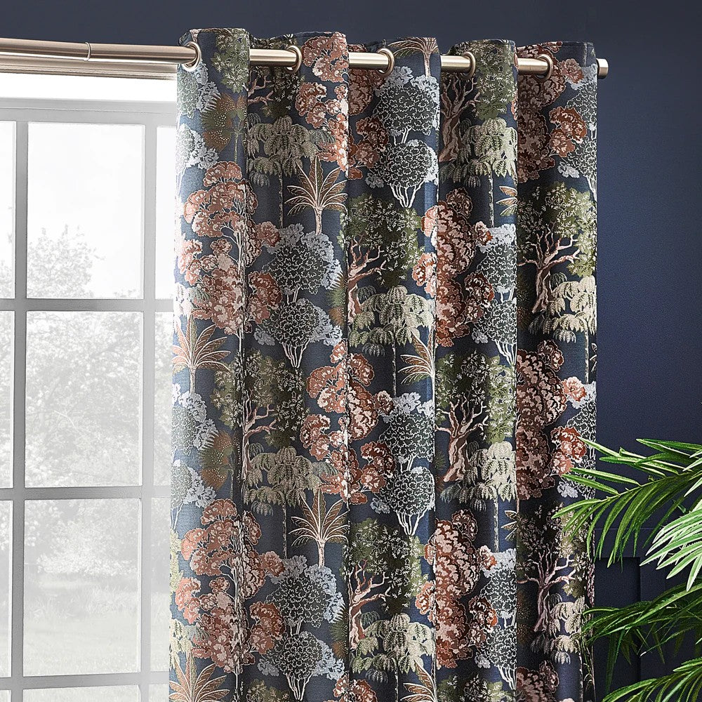 Navy - Lifestyle - Wylder Woodlands Jacquard Floral Eyelet Curtains