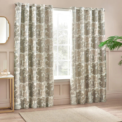 Natural - Front - Wylder Woodlands Jacquard Floral Eyelet Curtains