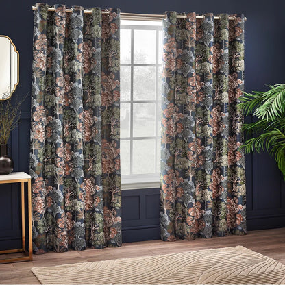 Navy - Front - Wylder Woodlands Jacquard Floral Eyelet Curtains