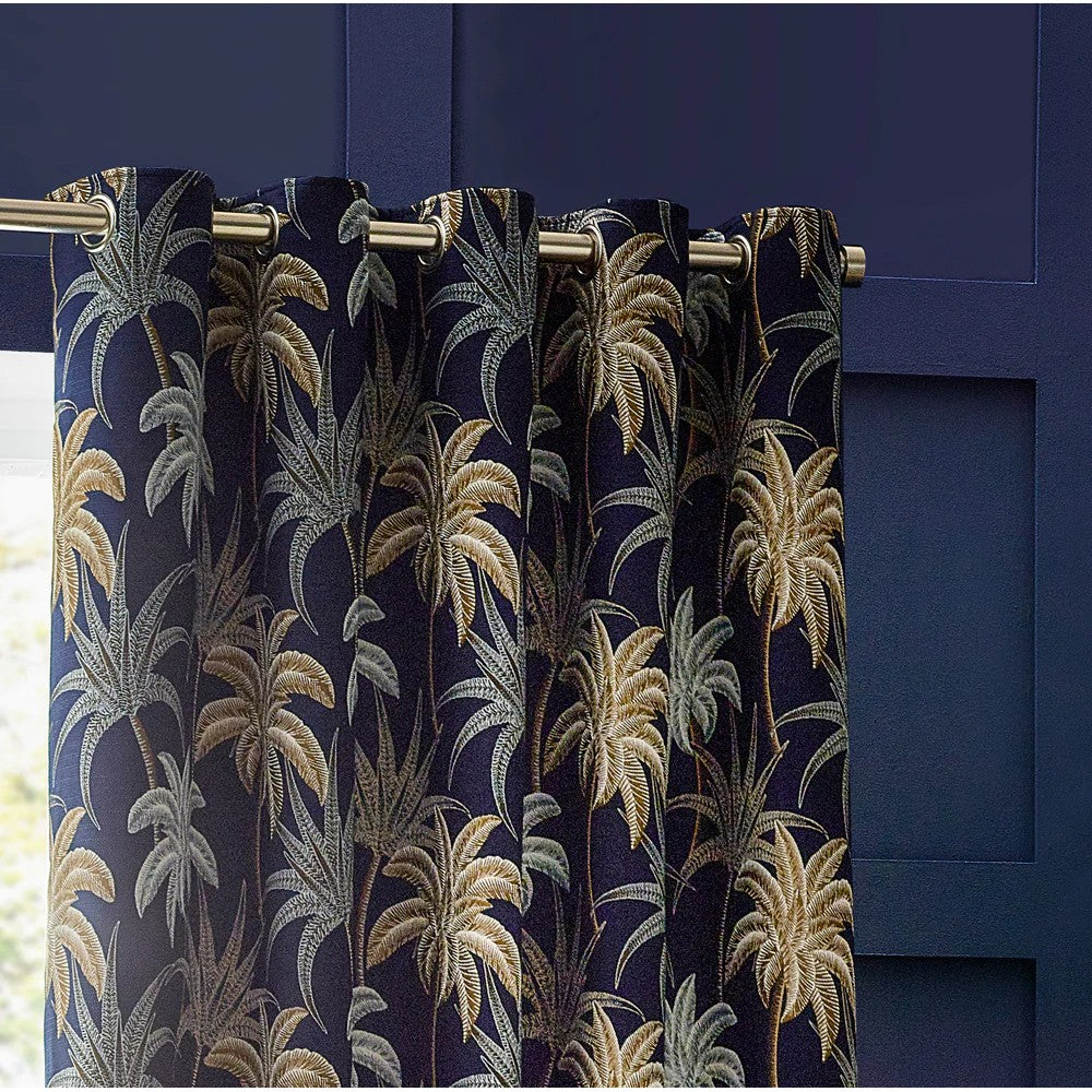 Navy - Back - Wylder Galapagos Jacquard Eyelet Curtains