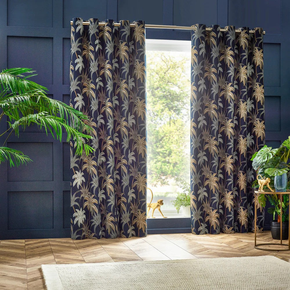Navy - Front - Wylder Galapagos Jacquard Eyelet Curtains