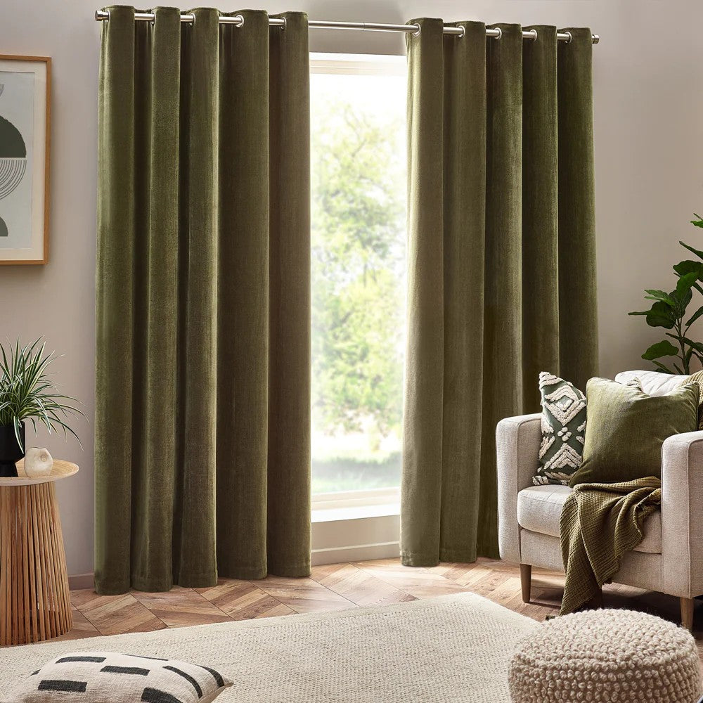 Olive - Front - Yard Chenille Velvet Eyelet Curtains