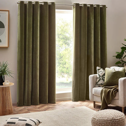 Olive - Front - Yard Chenille Velvet Eyelet Curtains