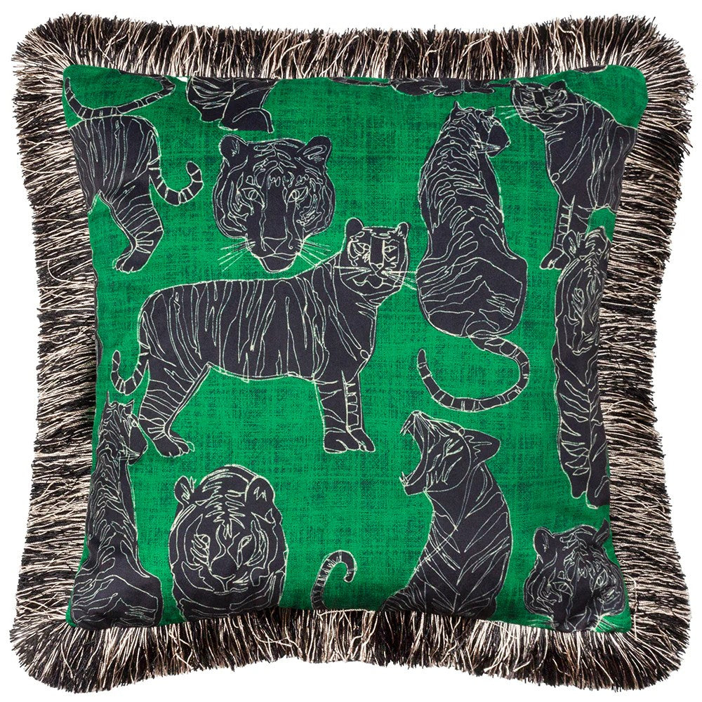 Jungle Green - Front - Furn Wildcat Fringed Velvet Tiger Cushion Cover