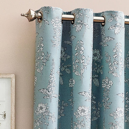 Blue - Side - Wylder Nature Sophia Jacquard Floral Eyelet Curtains