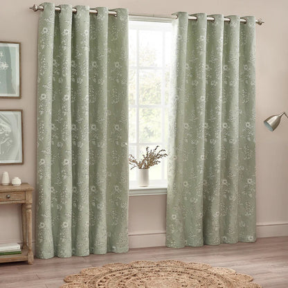 Sage - Front - Wylder Nature Sophia Jacquard Floral Eyelet Curtains