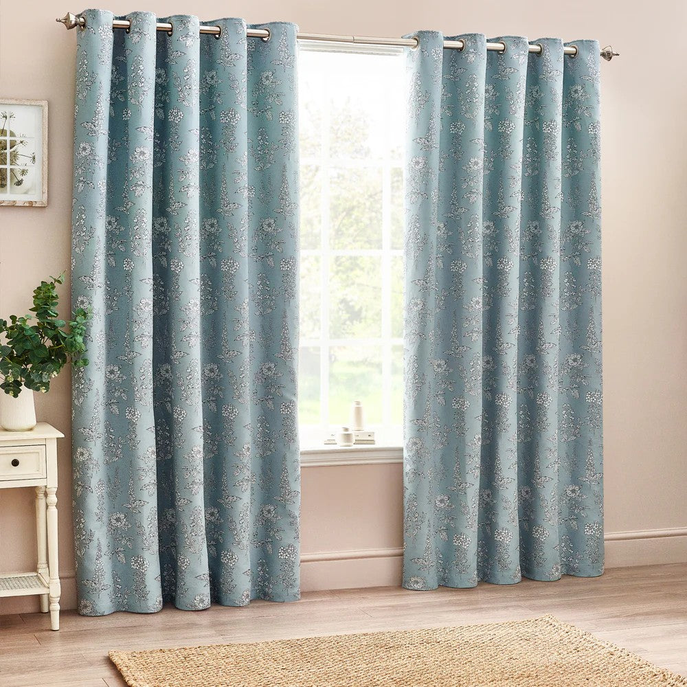 Blue - Front - Wylder Nature Sophia Jacquard Floral Eyelet Curtains