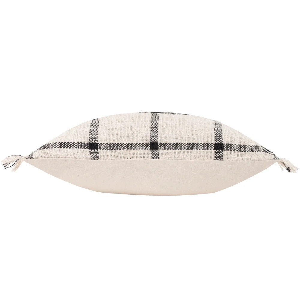 Natural-Black - Side - Yard Beni Fringed Checked Cushion Cover