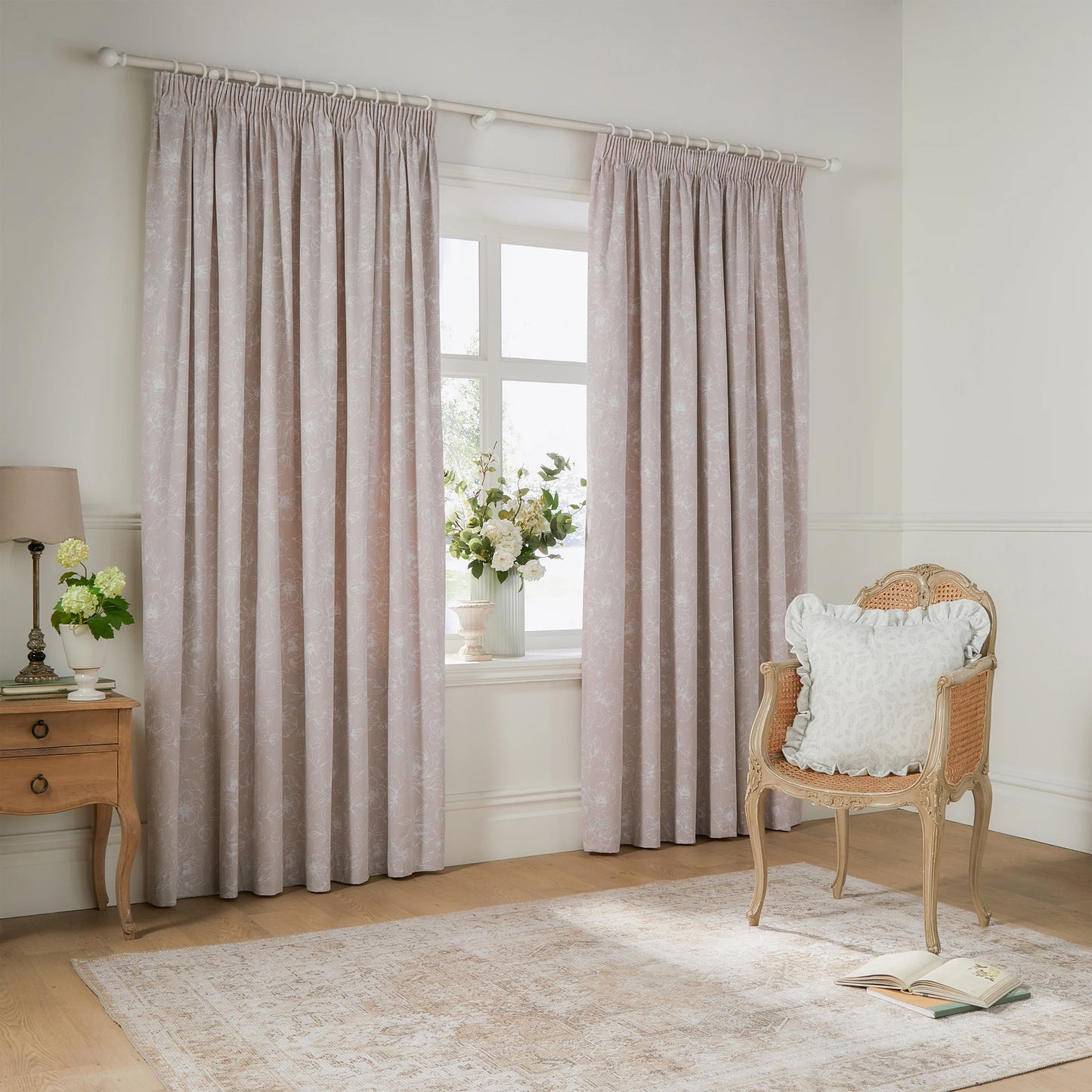 Natural - Front - Wylder Bella Lined Floral Pencil Pleat Curtains