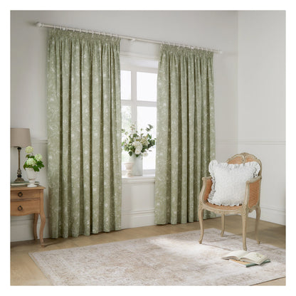 Sage - Front - Wylder Bella Lined Floral Pencil Pleat Curtains