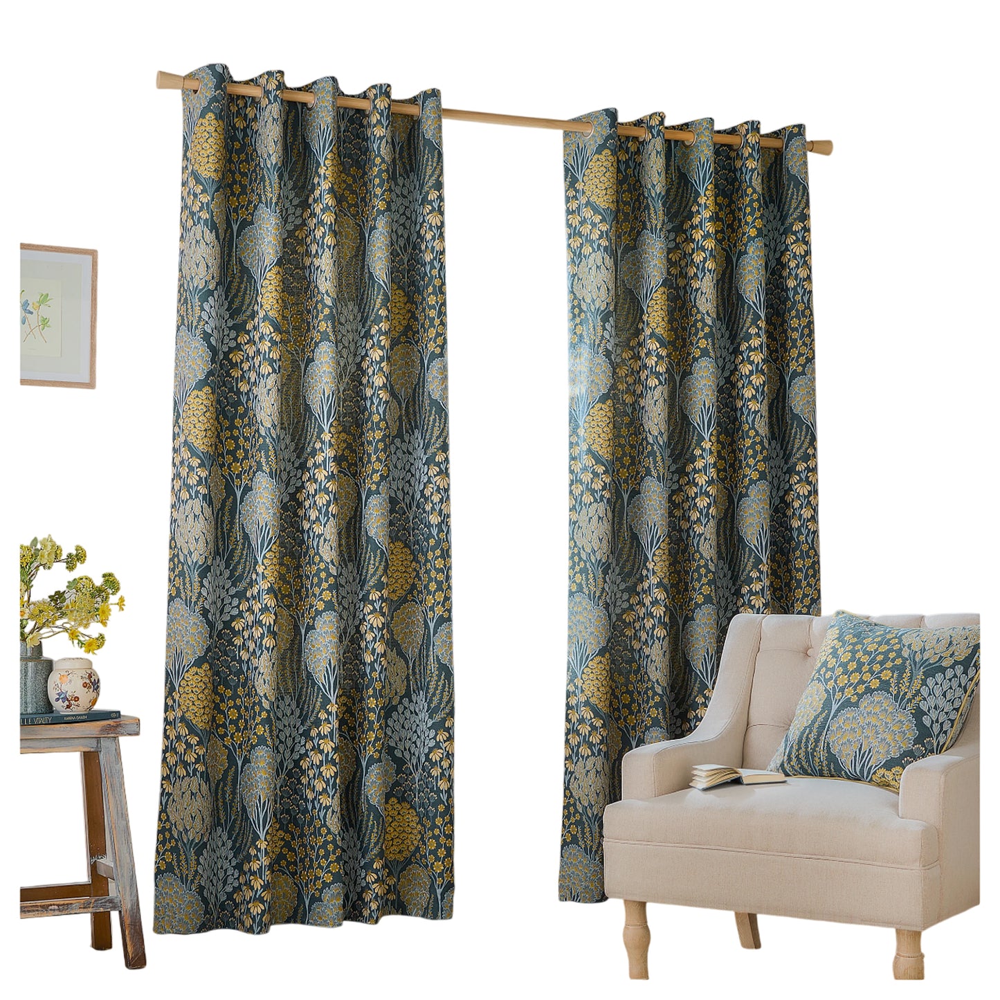 Blue-Saffron - Front - Wylder Ophelia Lined Floral Pencil Pleat Curtains