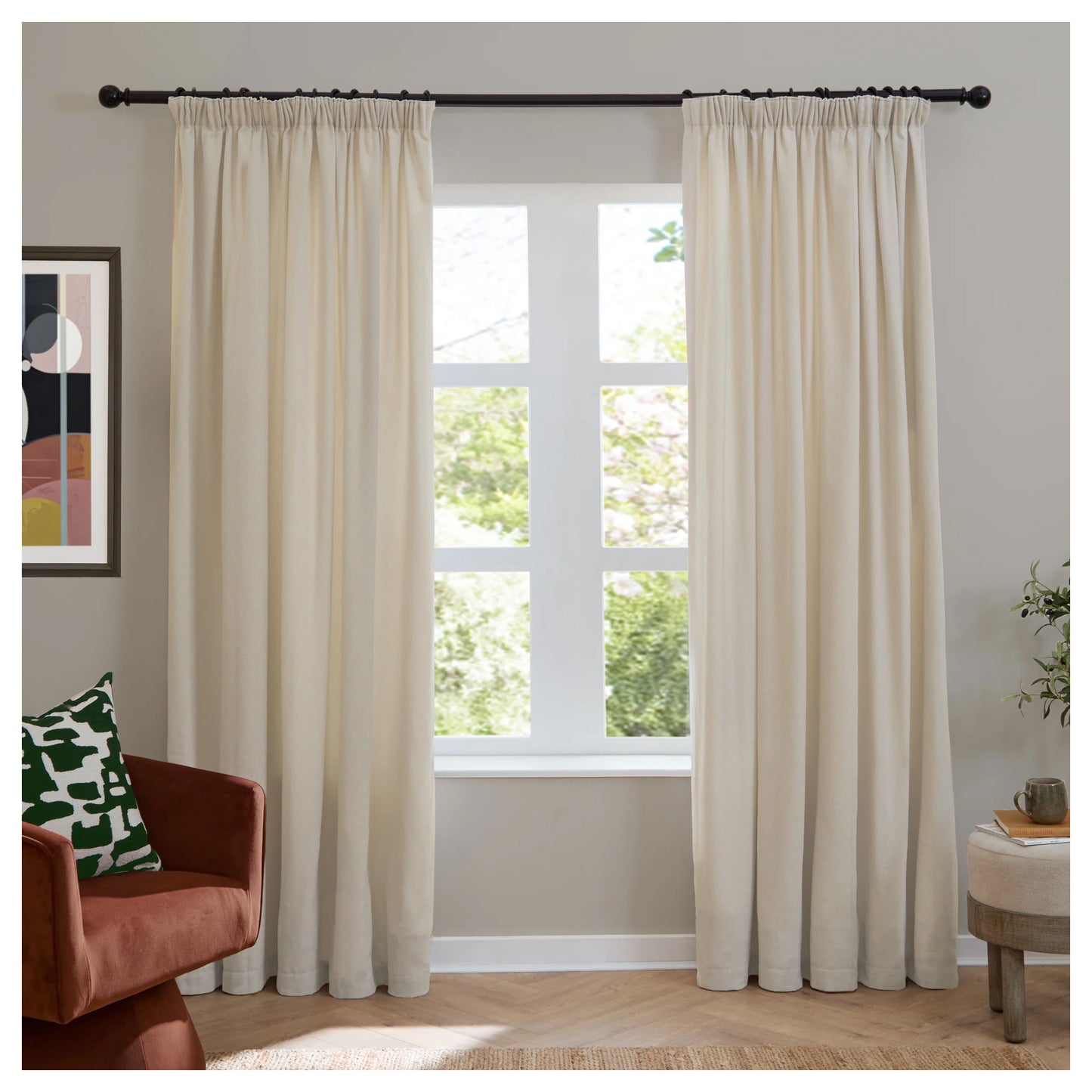 Ecru - Front - Furn Chenille Lined Pencil Pleat Curtains