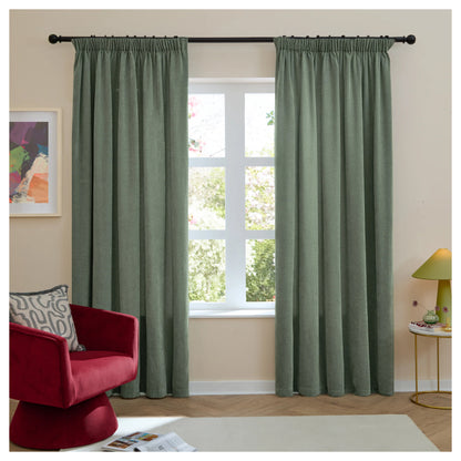 Green - Front - Furn Chenille Lined Pencil Pleat Curtains