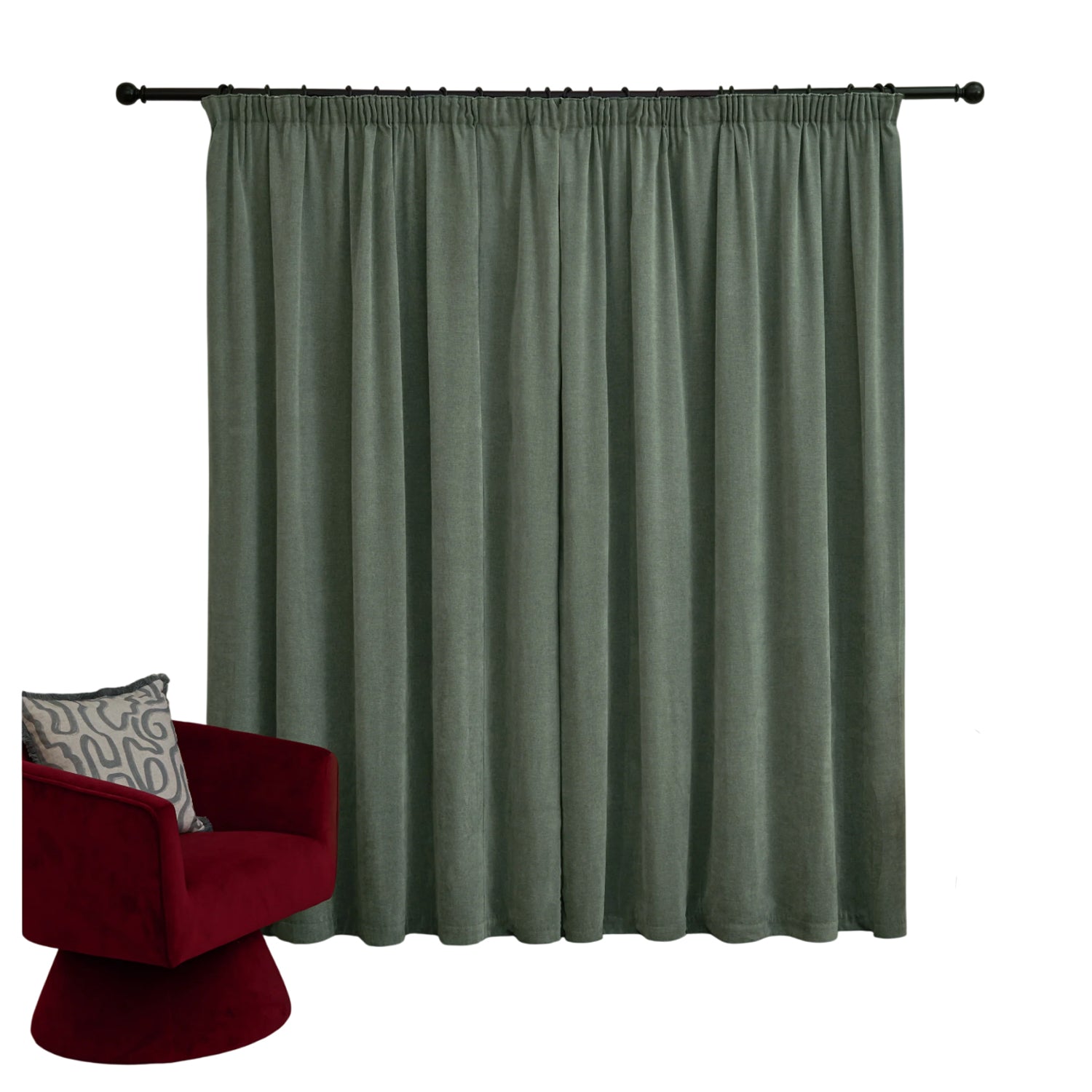 Green - Back - Furn Chenille Lined Pencil Pleat Curtains