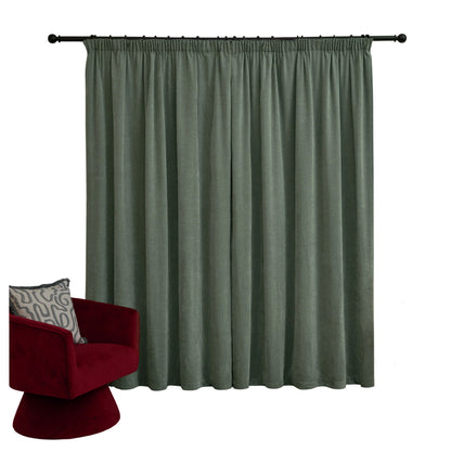 Green - Back - Furn Chenille Lined Pencil Pleat Curtains