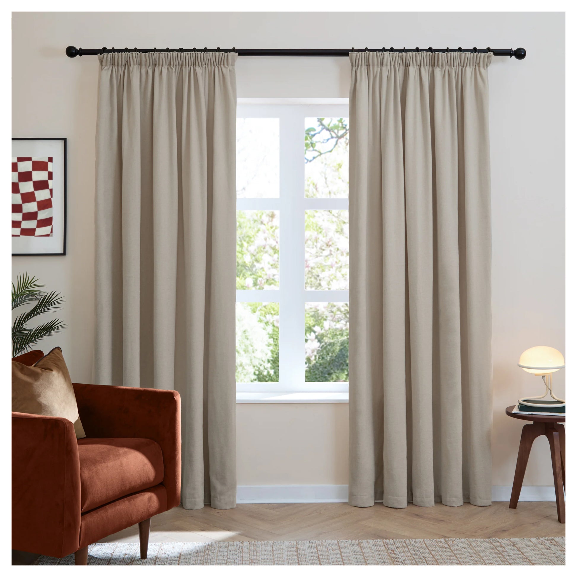 Natural - Front - Furn Chenille Lined Pencil Pleat Curtains