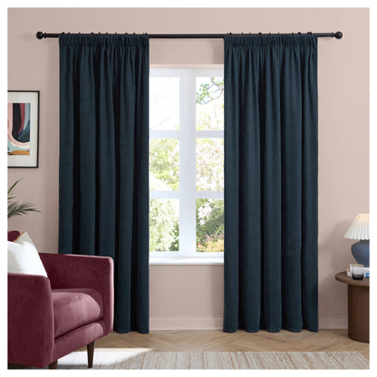 Navy - Front - Furn Chenille Lined Pencil Pleat Curtains