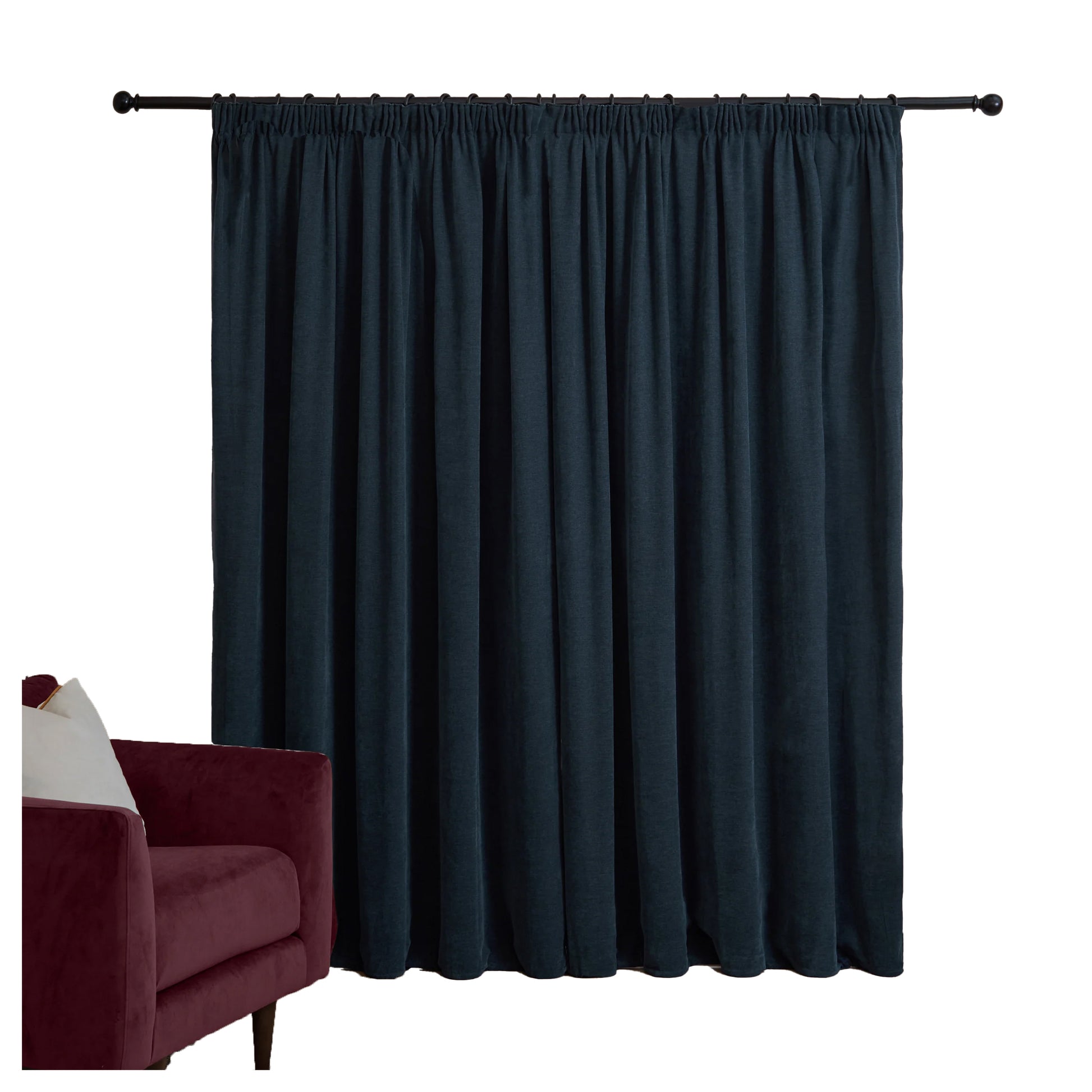 Navy - Back - Furn Chenille Lined Pencil Pleat Curtains