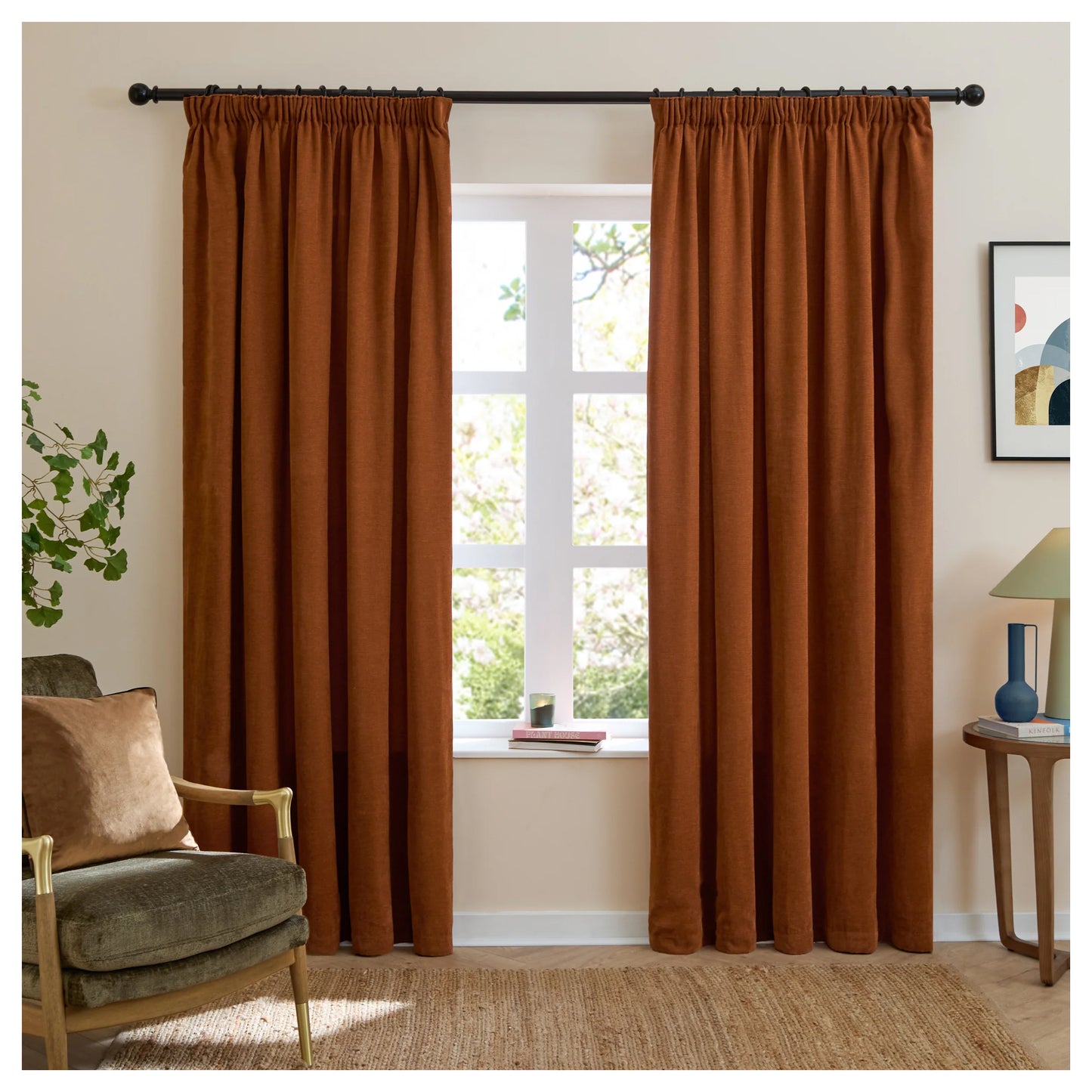 Rust - Front - Furn Chenille Lined Pencil Pleat Curtains