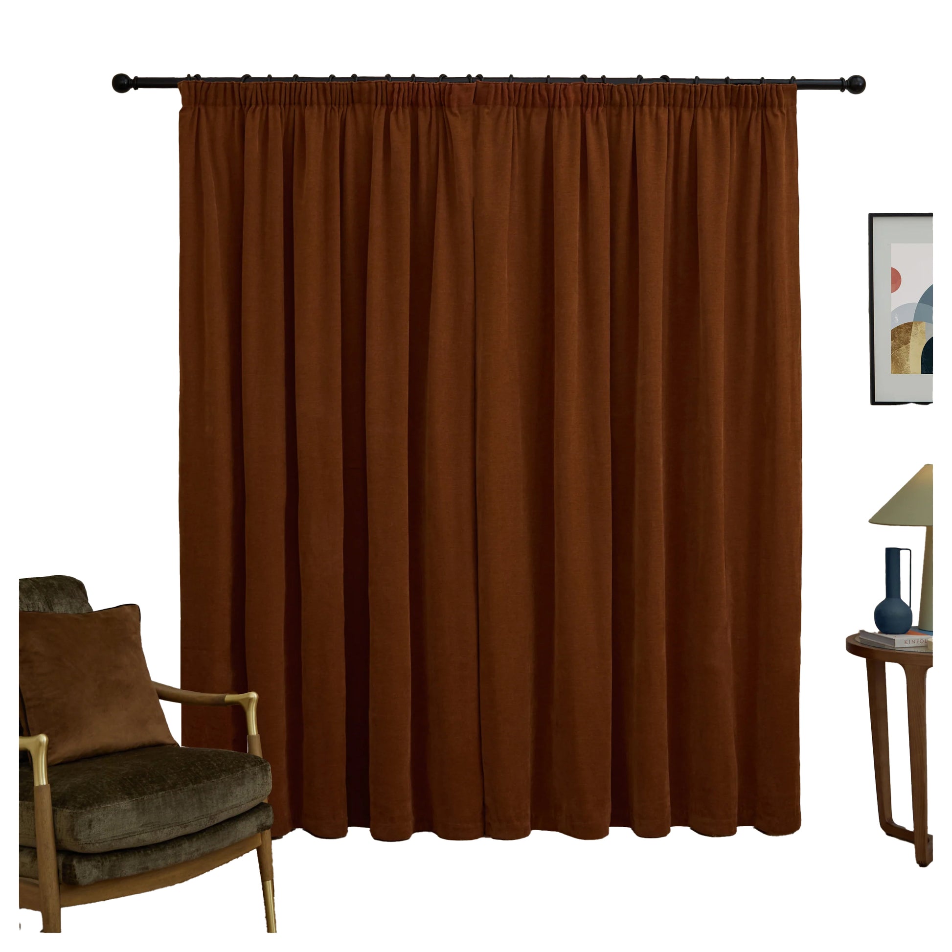 Rust - Back - Furn Chenille Lined Pencil Pleat Curtains