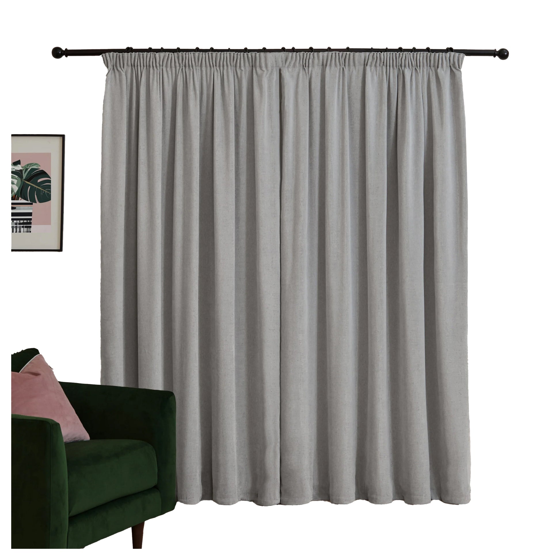 Silver - Back - Furn Chenille Lined Pencil Pleat Curtains