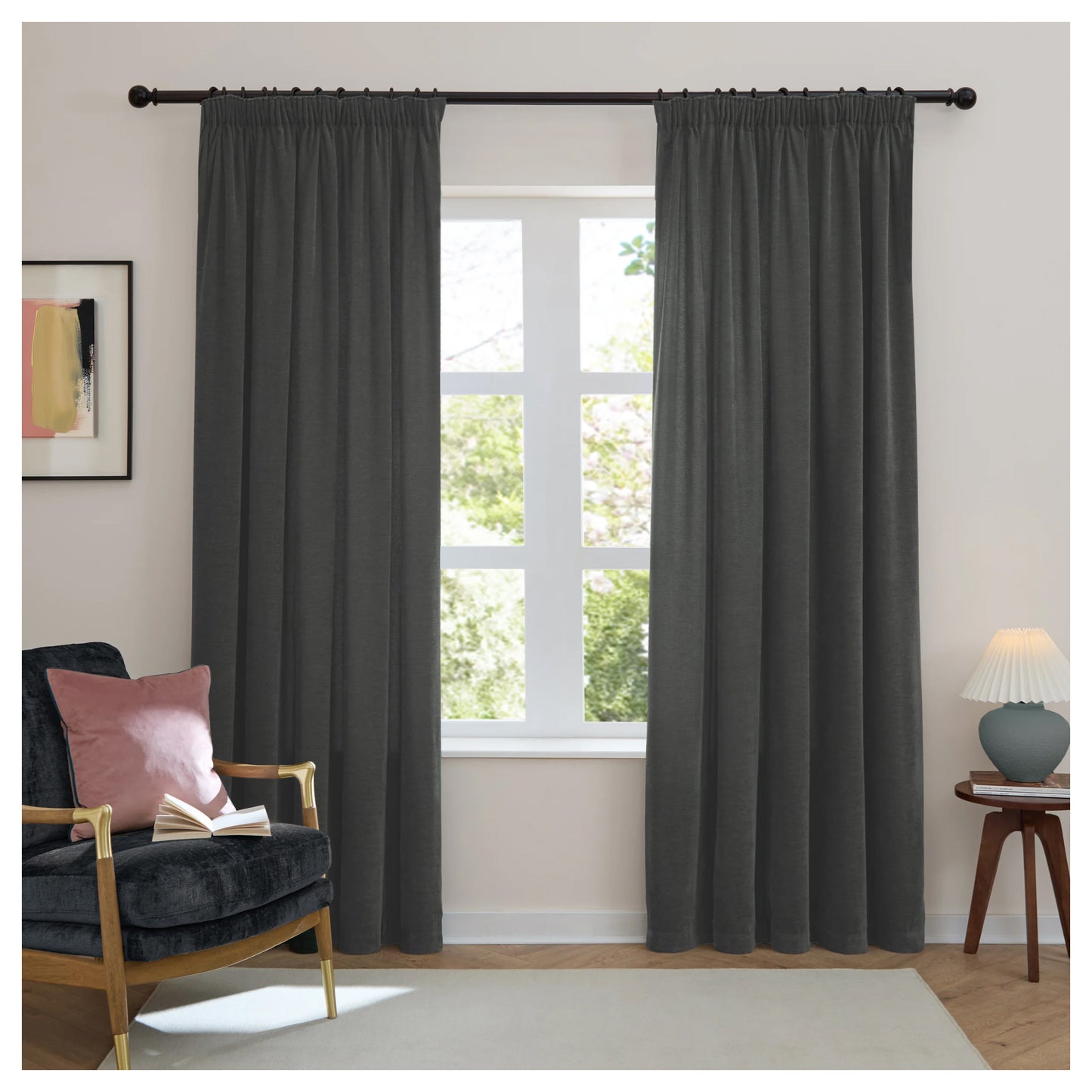 Charcoal - Front - Furn Chenille Lined Pencil Pleat Curtains