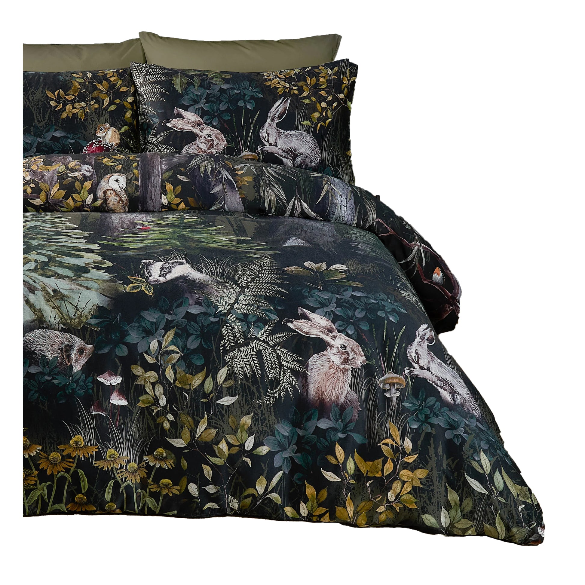 Forest Green-Black - Side - Paoletti Reversible Cotton Sherwood Duvet Cover Set