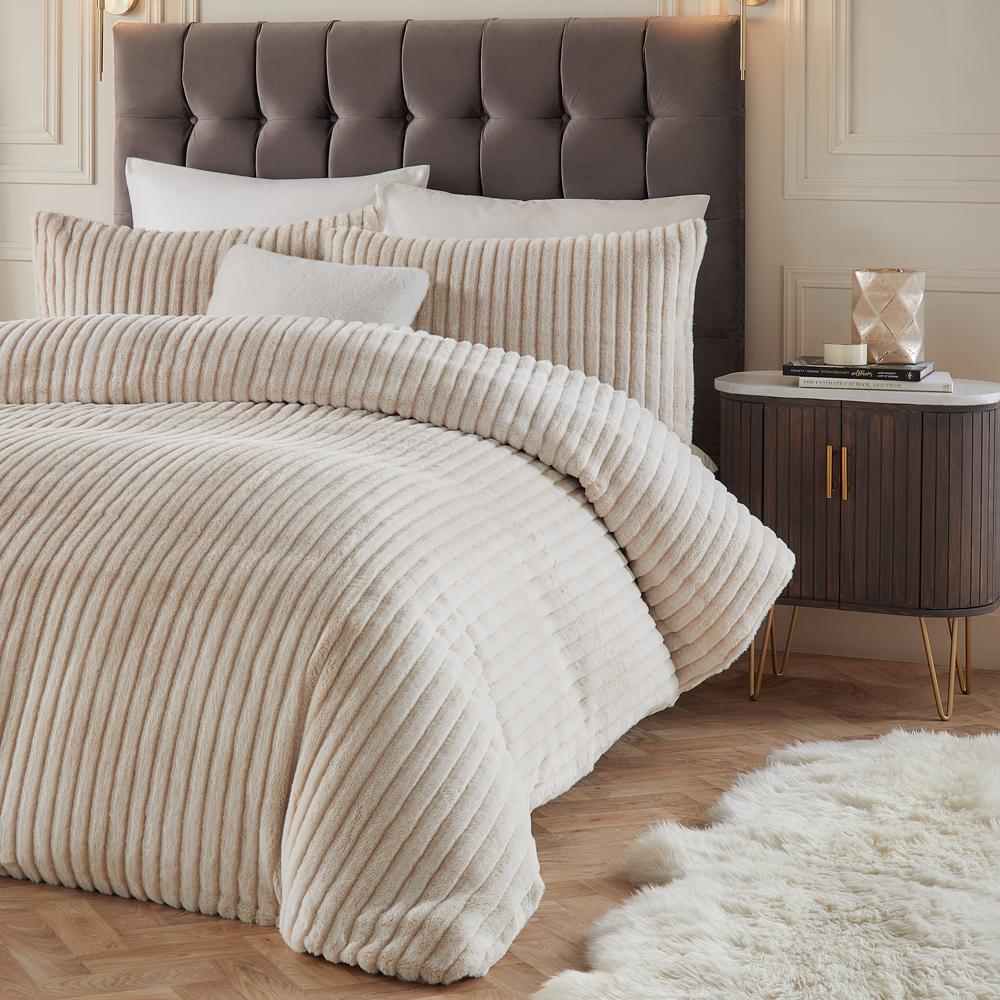 Champagne - Pack Shot - Paoletti Alpine Reversible Faux Fur Striped Duvet Cover Set