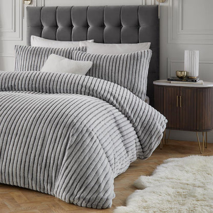 Grey - Pack Shot - Paoletti Alpine Reversible Faux Fur Striped Duvet Cover Set