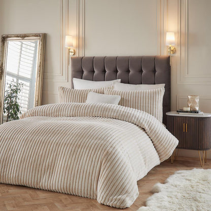 Champagne - Front - Paoletti Alpine Reversible Faux Fur Striped Duvet Cover Set