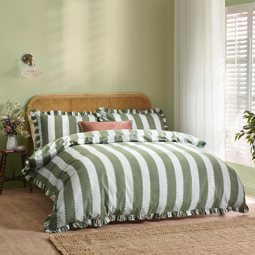 Bay Green-Mist - Back - Wylder Birdie Ruffles Stripe Duvet Cover Set