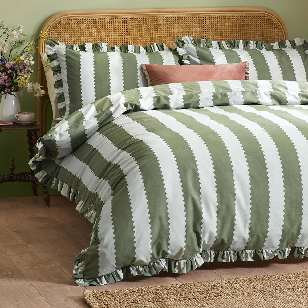 Bay Green-Mist - Pack Shot - Wylder Birdie Ruffles Stripe Duvet Cover Set